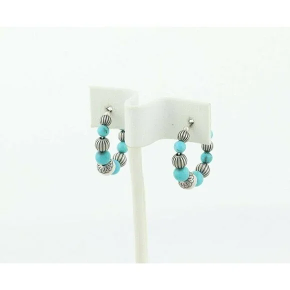 Sterling Silver Created Turquoise Bead Hoop Earrings - Picture 6 of 7